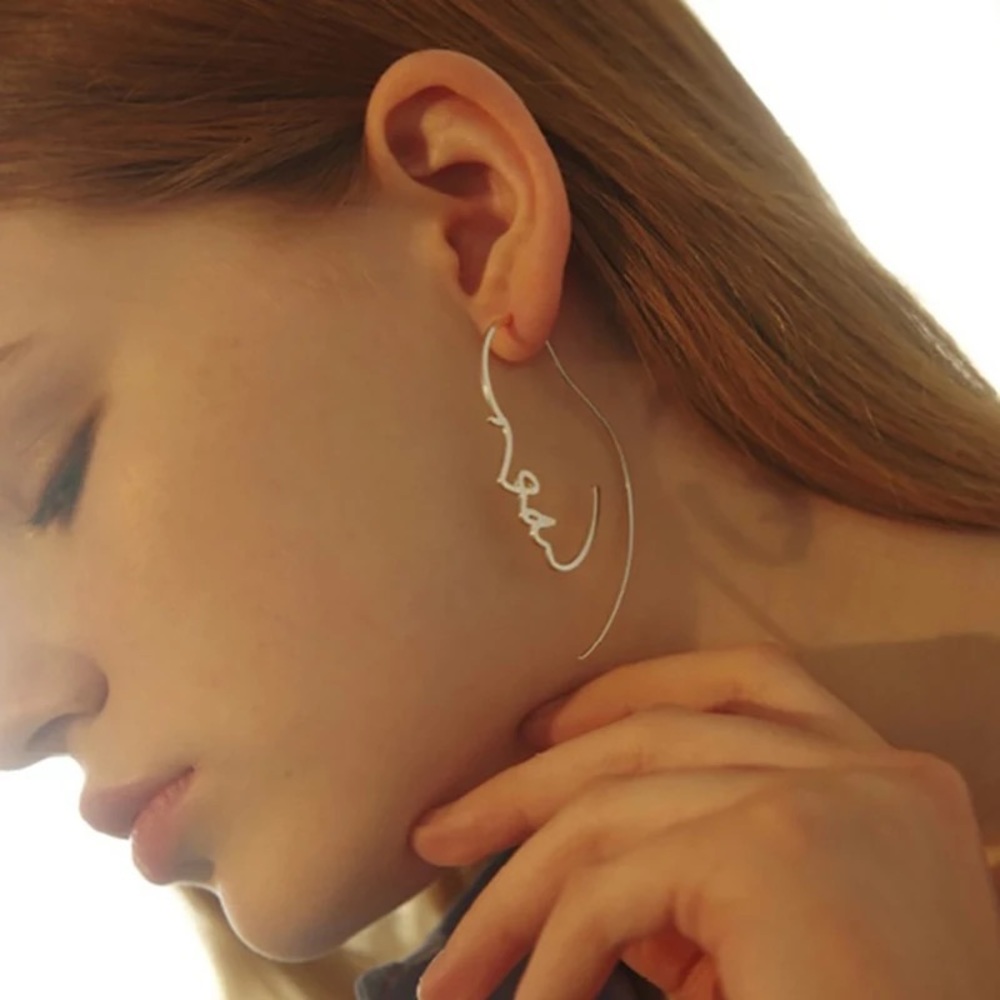 Outline Face Abstract Gold Tone Drop Earrings - Picture 3 of 6